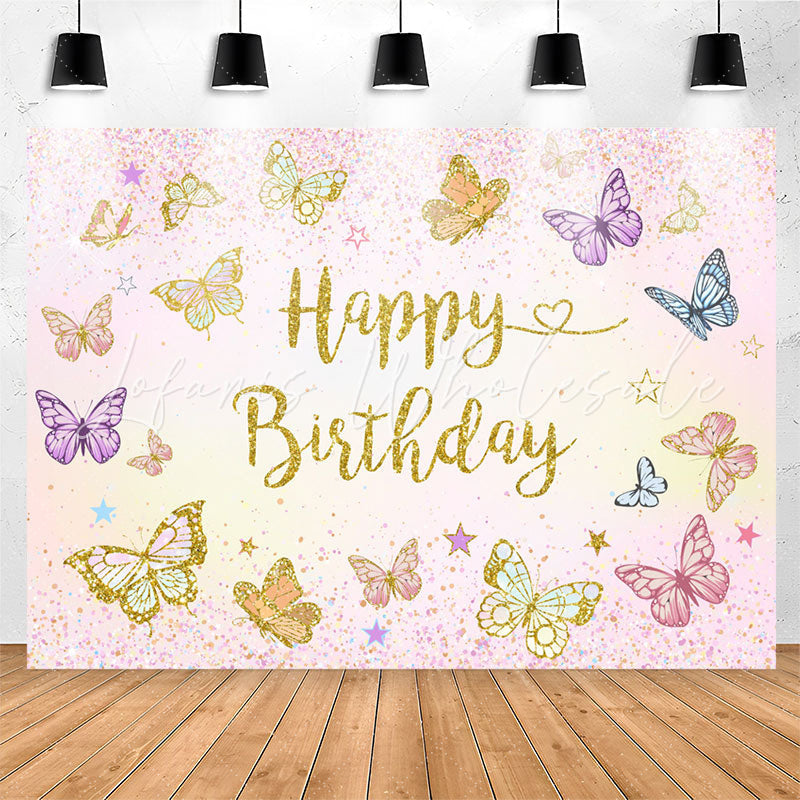 Lofaris Butterflies Glitter Pink Happy Birthday Backdrop