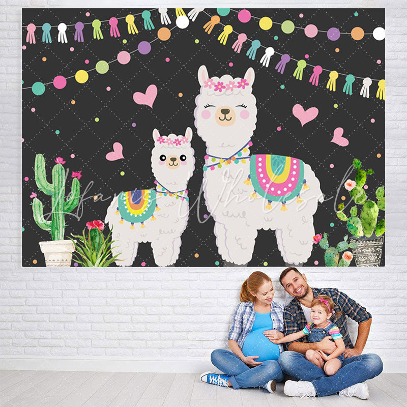 Lofaris Cactus and Flags Alpaca Family Baby Shower Backdrop