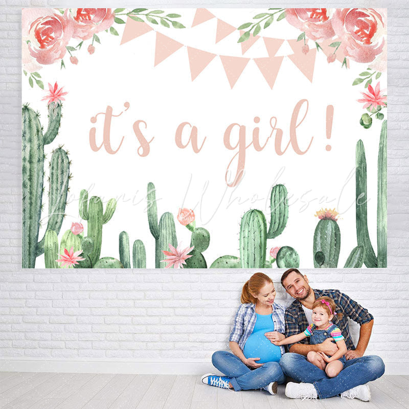 Lofaris Cactus and Pink Floral Its A Girl Baby Shower Backdrop