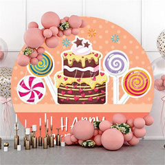 Lofaris Cake And Candy Orange Round Happy Birthday Backdrop