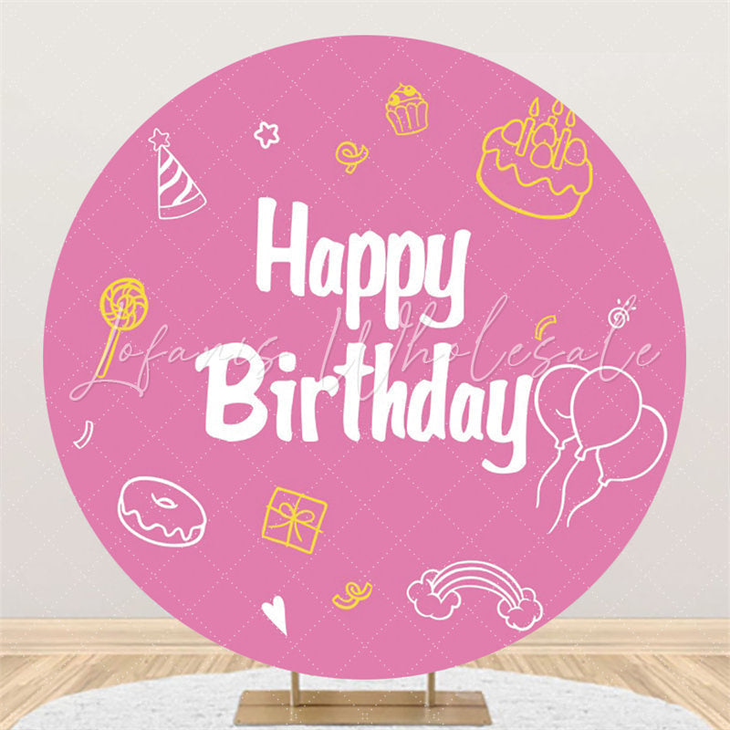 Lofaris Cake Doughnut Lollipop Pink Birthday Round Backdrop
