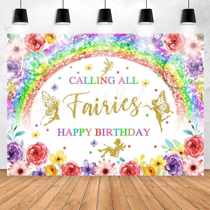 Lofaris Calling All Fairies Rainbow Floral Birthday Backdrop