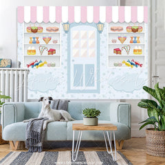 Lofaris Candy Store Ice Cream Blue Happy Birthday Backdrop