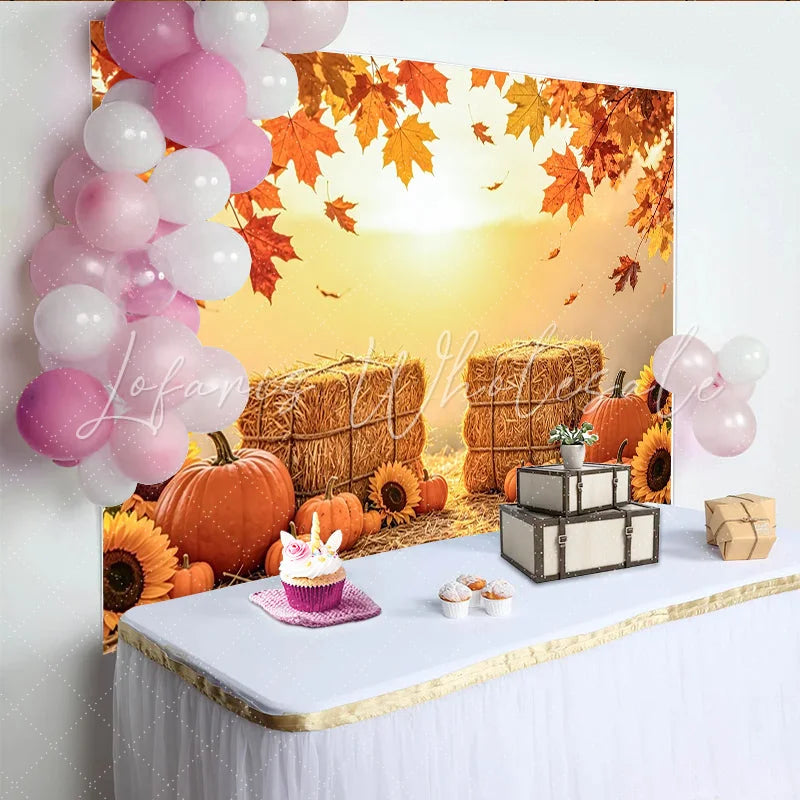 Capture Autumn Harvest Photography Backdrop with Pumpkins Rustic Hay Bales and Maple Leaves Background for Autumn Portrait