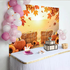 Capture Autumn Harvest Photography Backdrop with Pumpkins Rustic Hay Bales and Maple Leaves Background for Autumn Portrait