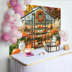 Capture Autumn Pumpkin Greenhouse Backdrop for Fall Portrait Rustic Orange Flower and Pampas Grass Background for Studio
