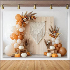Capture Boho Autumn Backdrop with Pumpkins and Balloons Rustic Wood Wall Background for Thanksgiving Photoshoot