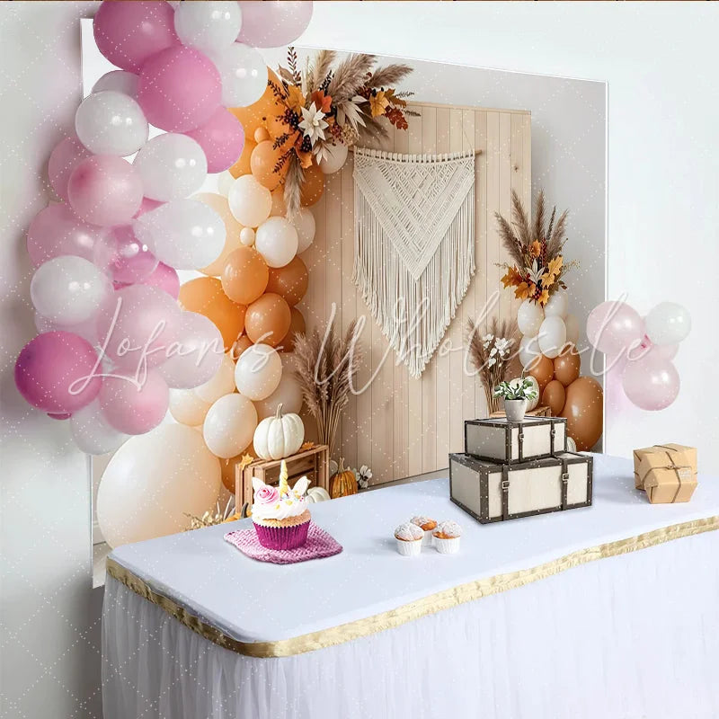 Capture Boho Autumn Backdrop with Pumpkins and Balloons Rustic Wood Wall Background for Thanksgiving Photoshoot