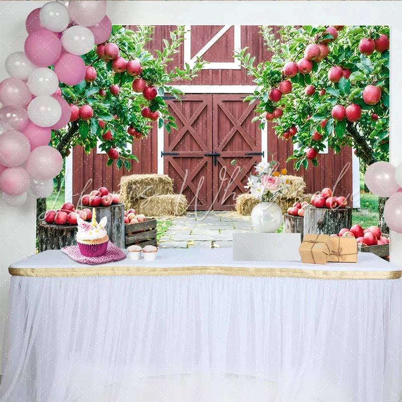 Capture Red Barn Autumn Apple Orchard Backdrop for Portrait Rustic Farmhouse Background with Hay Bales and Crates