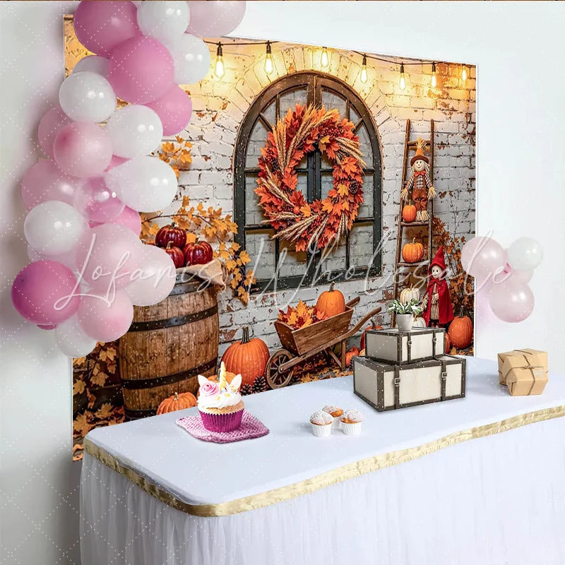 Capture Rustic Autumn Brick Wall Photography Backdrop with Pumpkin Beautiful Fall Maple Wreath Background for Studio Portrait