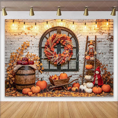 Capture Rustic Autumn Brick Wall Photography Backdrop with Pumpkin Beautiful Fall Maple Wreath Background for Studio Portrait