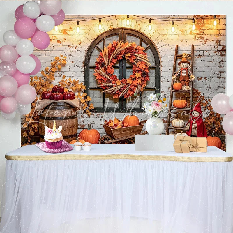 Capture Rustic Autumn Brick Wall Photography Backdrop with Pumpkin Beautiful Fall Maple Wreath Background for Studio Portrait