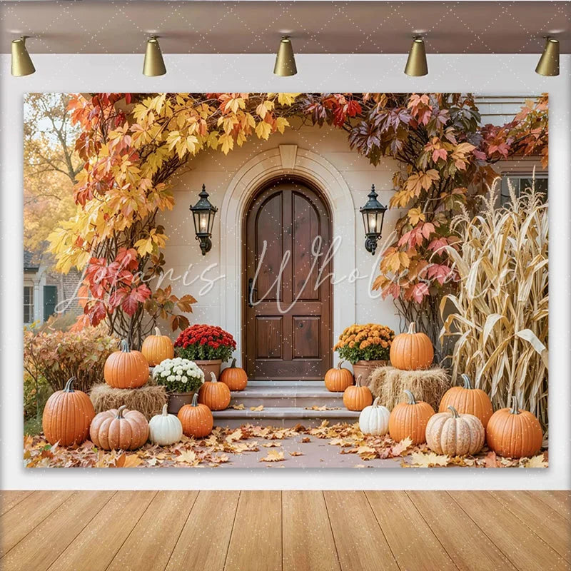Capture Rustic Autumn Porch Backdrop with Pumpkins and Maple Leaves Cozy Thanksgiving Party Banner for Family Photoshoot