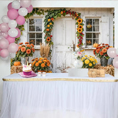 Capture Rustic Autumn Porch Photography Backdrop with Sunflowers Beautiful Fall Pumpkin Background for Studio Portrait