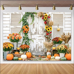 Capture Rustic Fall Door Autumn Photography Backdrop for Portrait Beautiful Pumpkin and Sunflower Background for Studio Photo