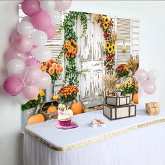 Capture Rustic Fall Door Autumn Photography Backdrop for Portrait Beautiful Pumpkin and Sunflower Background for Studio Photo