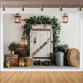 Capture Rustic Farmhouse Door Photography Backdrop with Greenery and Hay Vintage Wood Wall Background for Portrait Photoshoot