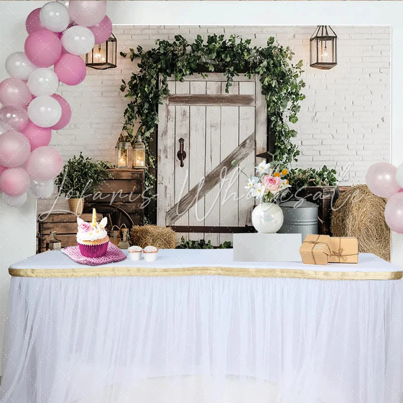Capture Rustic Farmhouse Door Photography Backdrop with Greenery and Hay Vintage Wood Wall Background for Portrait Photoshoot