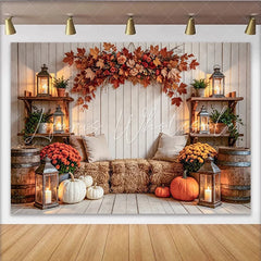 Capture Rustic Wood Autumn Backdrop with Pumpkins and Hay Bales Cozy Fall Barn Background for Studio Portrait