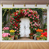Capture Vintage Floral Garden Photography Backdrop with Red Roses Elegant Rustic Door Background for Spring Portrait