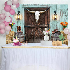 Capture Western Photography Backdrop with Longhorn Skull Rustic Barn Door and Hay Bales Studio Background for Photoshoot