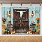 Capture Western Photography Backdrop with Longhorn Skull Rustic Barn Door and Hay Bales Studio Background for Photoshoot