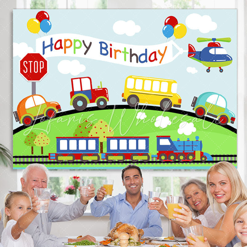 Lofaris Car Plane Train On The Way Happy Birthday Backdrop