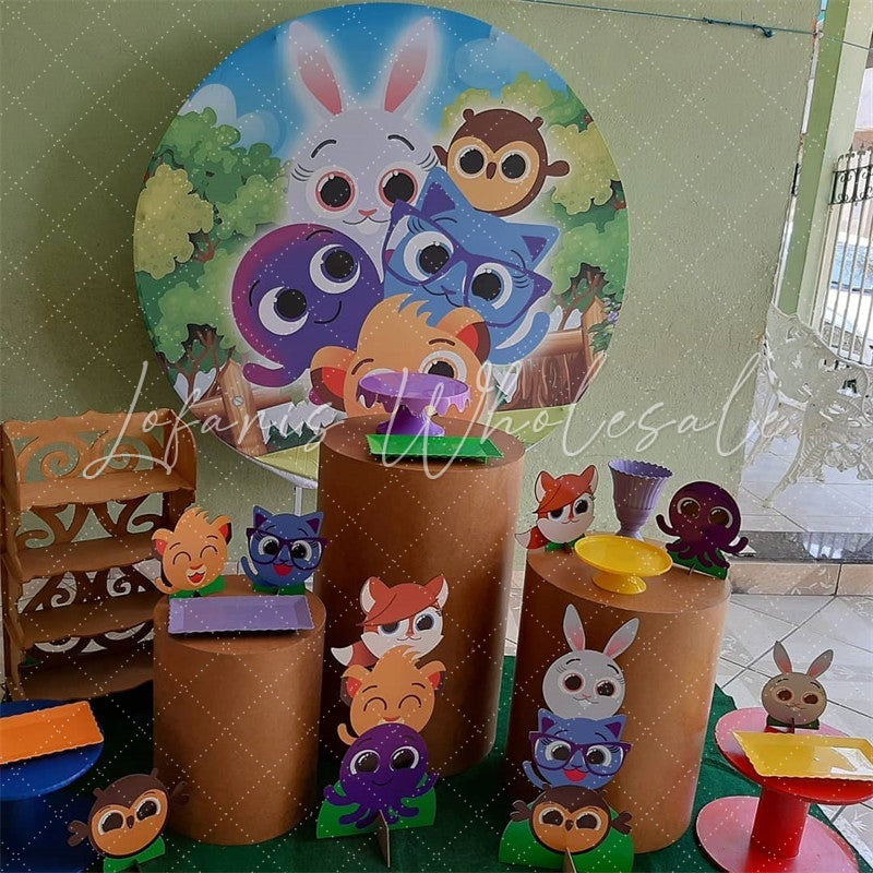 Cartoon Animals And Green Forest Round Birthday Backdrop