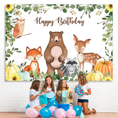 Lofaris Cartoon Animals Happy Birthday Green Leaves Pumpkin Backdrop