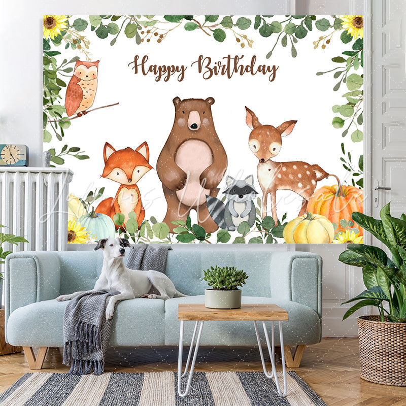 Lofaris Cartoon Animals Happy Birthday Green Leaves Pumpkin Backdrop