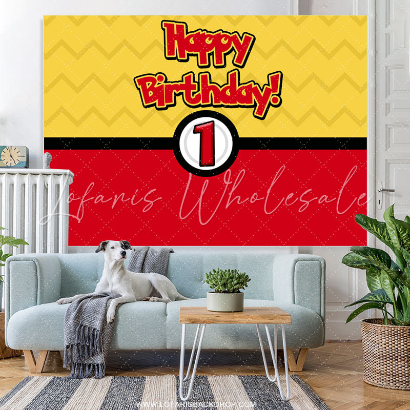 Lofaris Cartoon Ball Yellow Red Happy 1st Birthday Backdrop