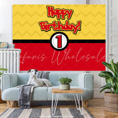 Lofaris Cartoon Ball Yellow Red Happy 1st Birthday Backdrop