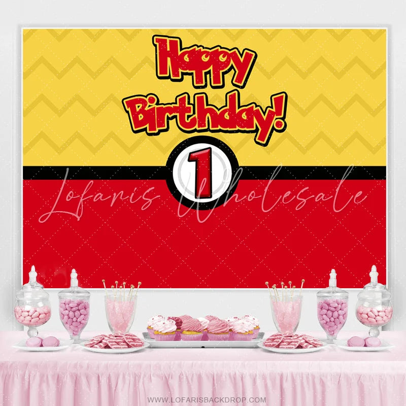 Lofaris Cartoon Ball Yellow Red Happy 1st Birthday Backdrop