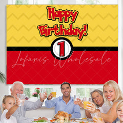 Lofaris Cartoon Ball Yellow Red Happy 1st Birthday Backdrop