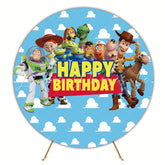 Cartoon Blue Clouds Toy Story Round Happy Birthday Backdrop