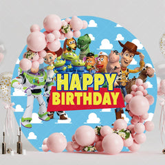 Cartoon Blue Clouds Toy Story Round Happy Birthday Backdrop