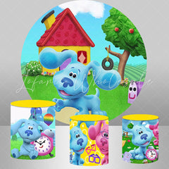 Lofaris Cartoon Blue Dog Green Field Round Party Backdrop Kit