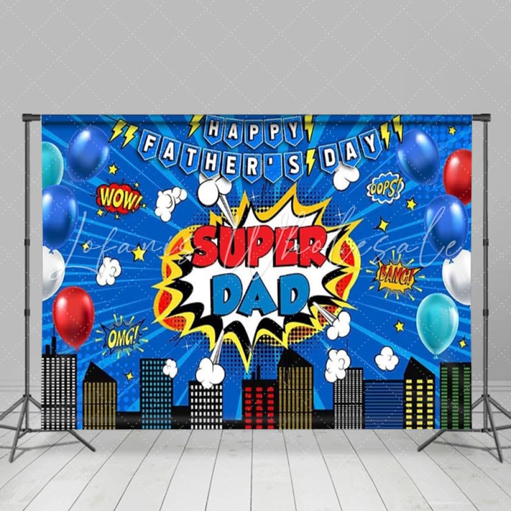 Cartoon Blue Marvel City Building Theme Happy Fathers Day Backdrop