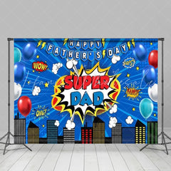 Cartoon Blue Marvel City Building Theme Happy Fathers Day Backdrop
