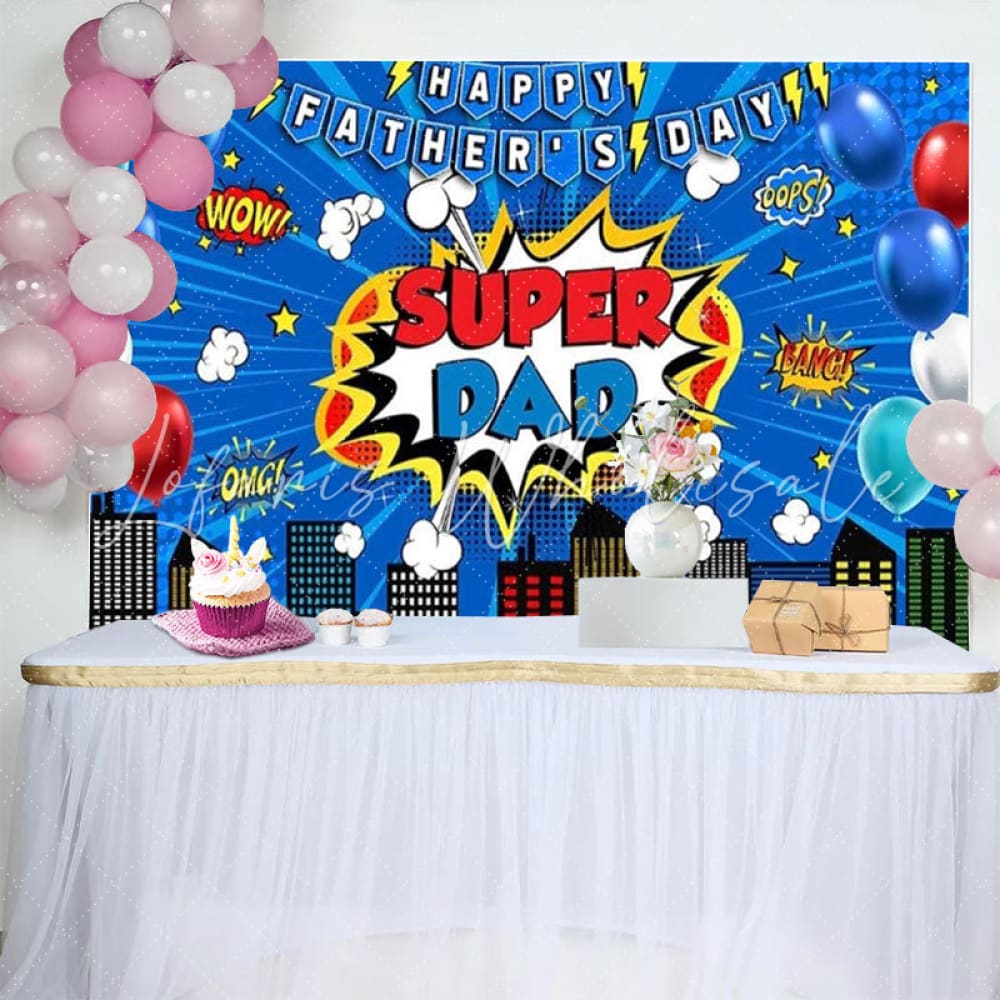 Cartoon Blue Marvel City Building Theme Happy Fathers Day Backdrop