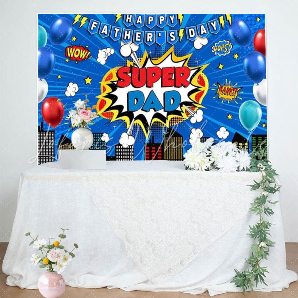 Cartoon Blue Marvel City Building Theme Happy Fathers Day Backdrop