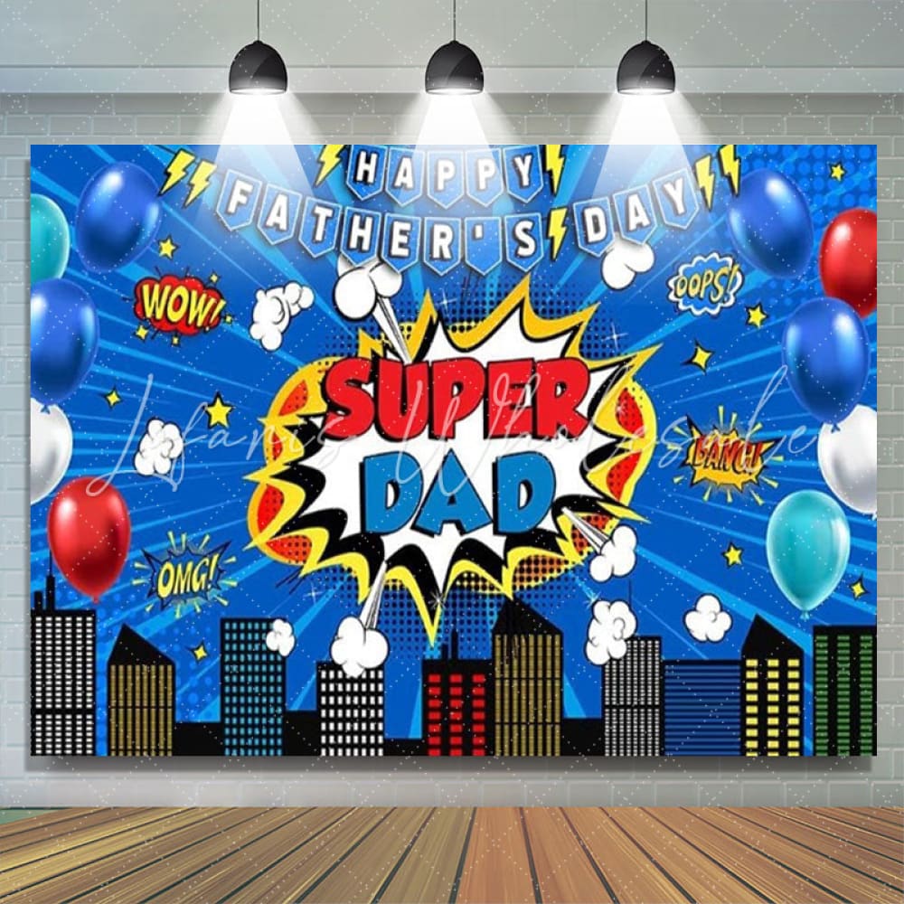 Cartoon Blue Marvel City Building Theme Happy Fathers Day Backdrop