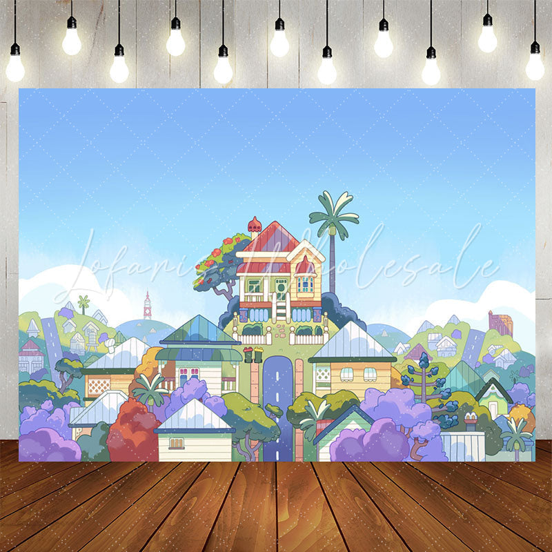 Lofaris Cartoon Blue Sky Harmonious Town Birthday Backdrop