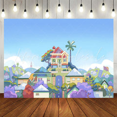 Lofaris Cartoon Blue Sky Harmonious Town Birthday Backdrop