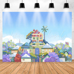 Lofaris Cartoon Blue Sky Harmonious Town Birthday Backdrop