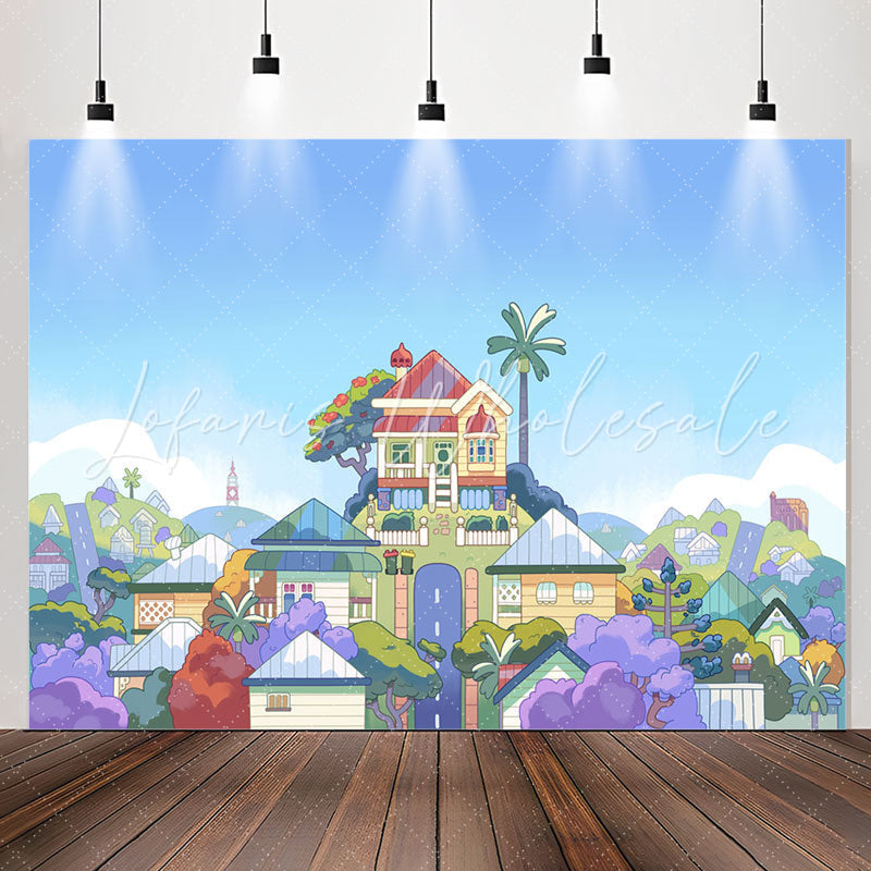 Lofaris Cartoon Blue Sky Harmonious Town Birthday Backdrop