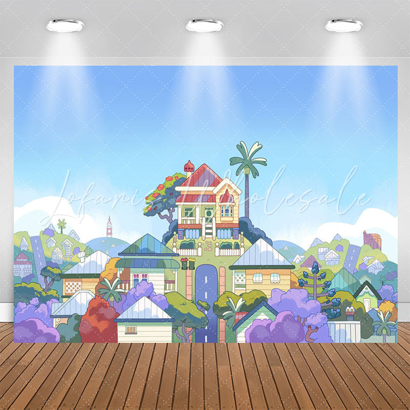 Lofaris Cartoon Blue Sky Harmonious Town Birthday Backdrop