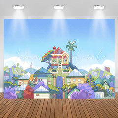 Lofaris Cartoon Blue Sky Harmonious Town Birthday Backdrop