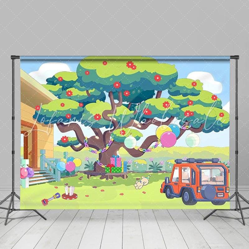Cartoon Bluey Dog Garden Tree Birthday Backdrop For Parties