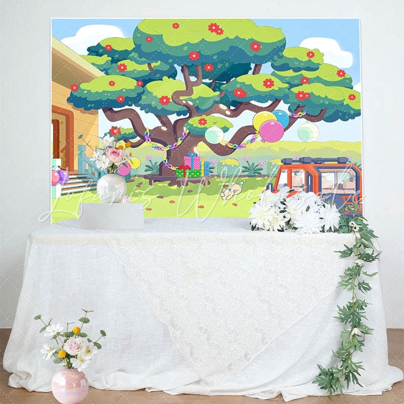 Cartoon Bluey Dog Garden Tree Birthday Backdrop For Parties